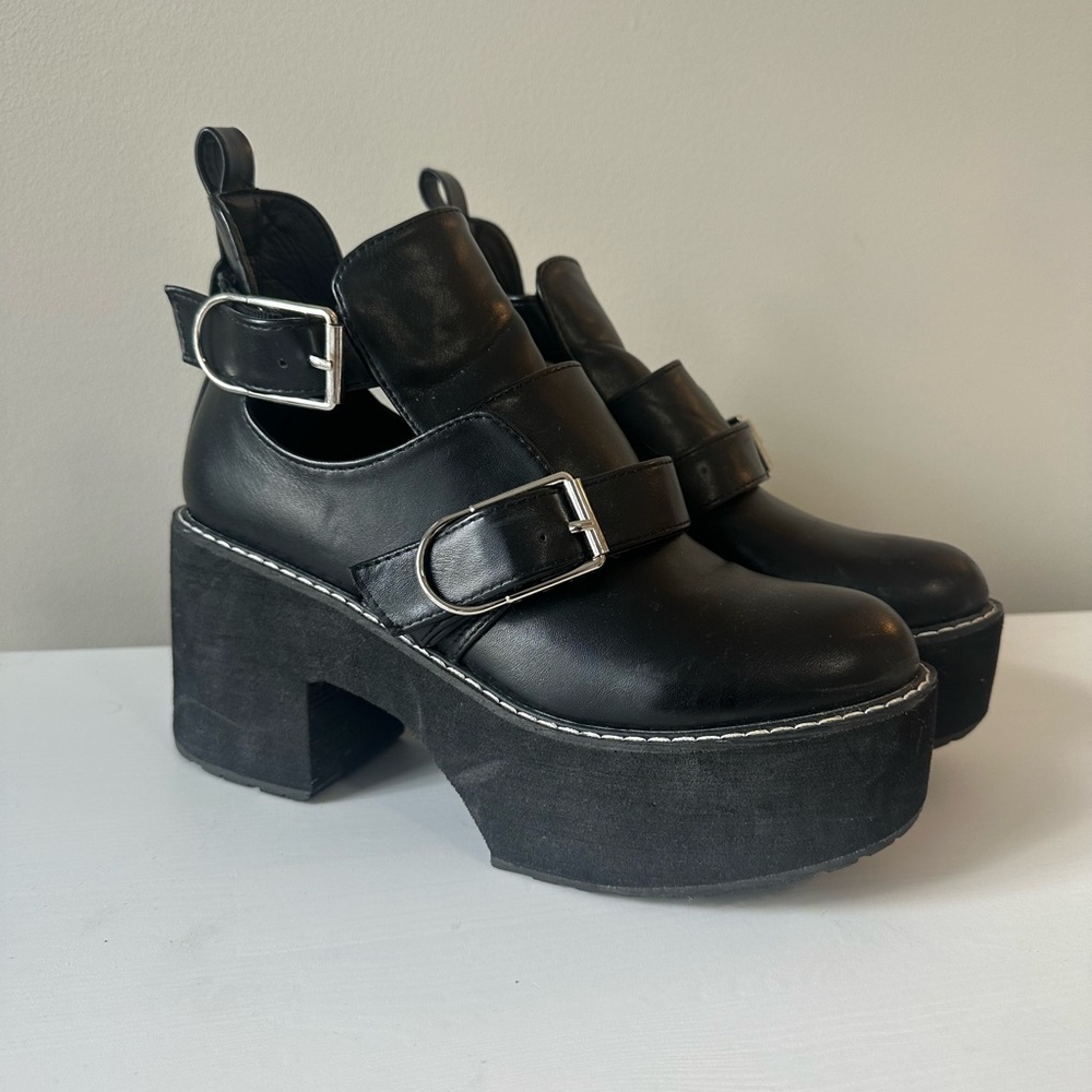 Black chunky platform biker boots with double buckle